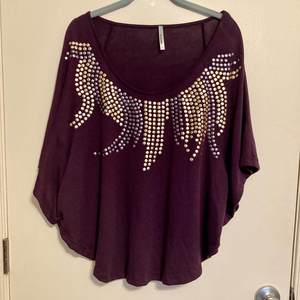 MULATA Metallic Stud Detail Dolman Sleeve Plum Purple Top Mature Colorful EUC L